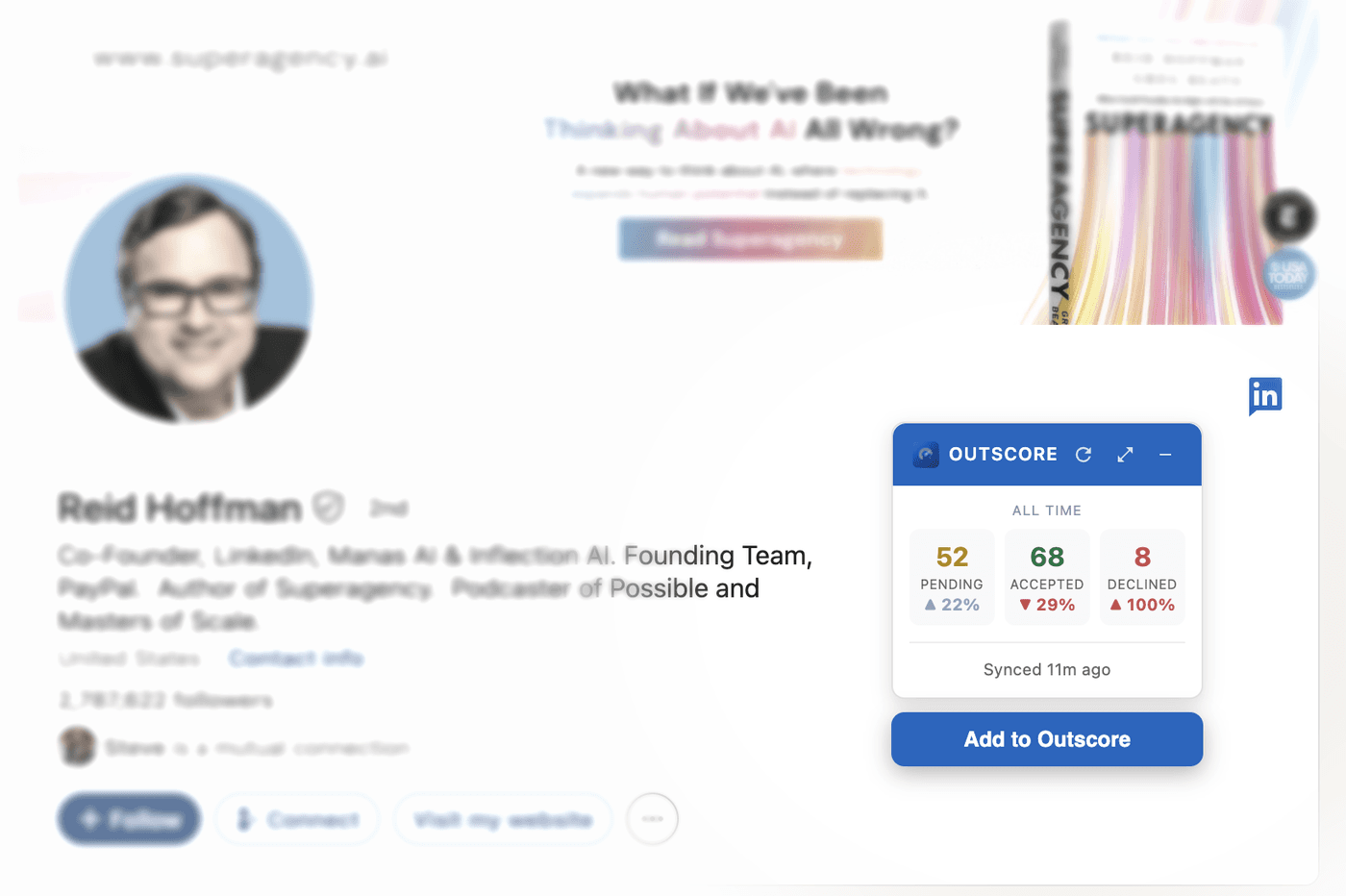 A LinkedIn profile with the Outscore widget and Add to Outscore button highlighted