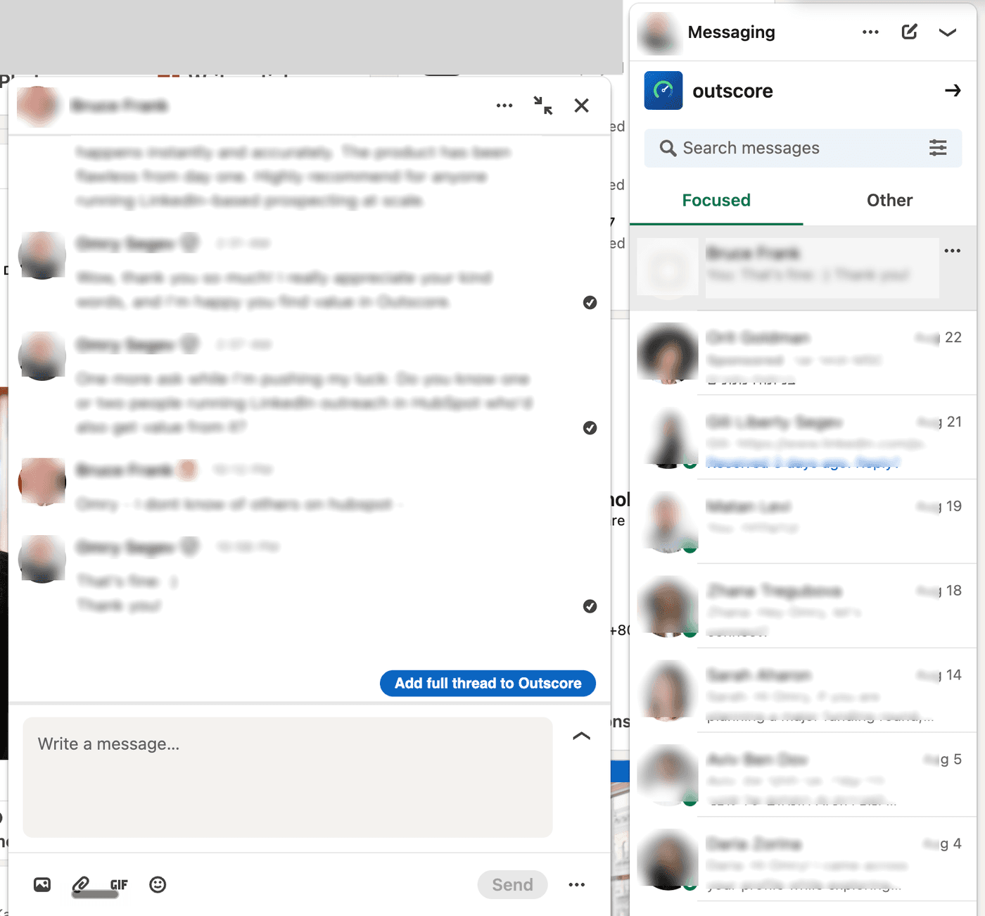 A LinkedIn conversation with the Add full thread to Outscore button, names and messages blurred