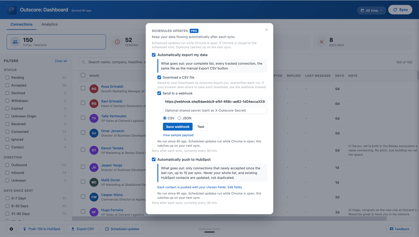 The Outscore Scheduled updates panel with automatic CSV export, webhook and HubSpot push toggles