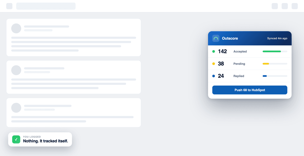 The Outscore widget sitting on a feed page, showing accepted, pending and replied counts with a push-to-HubSpot action