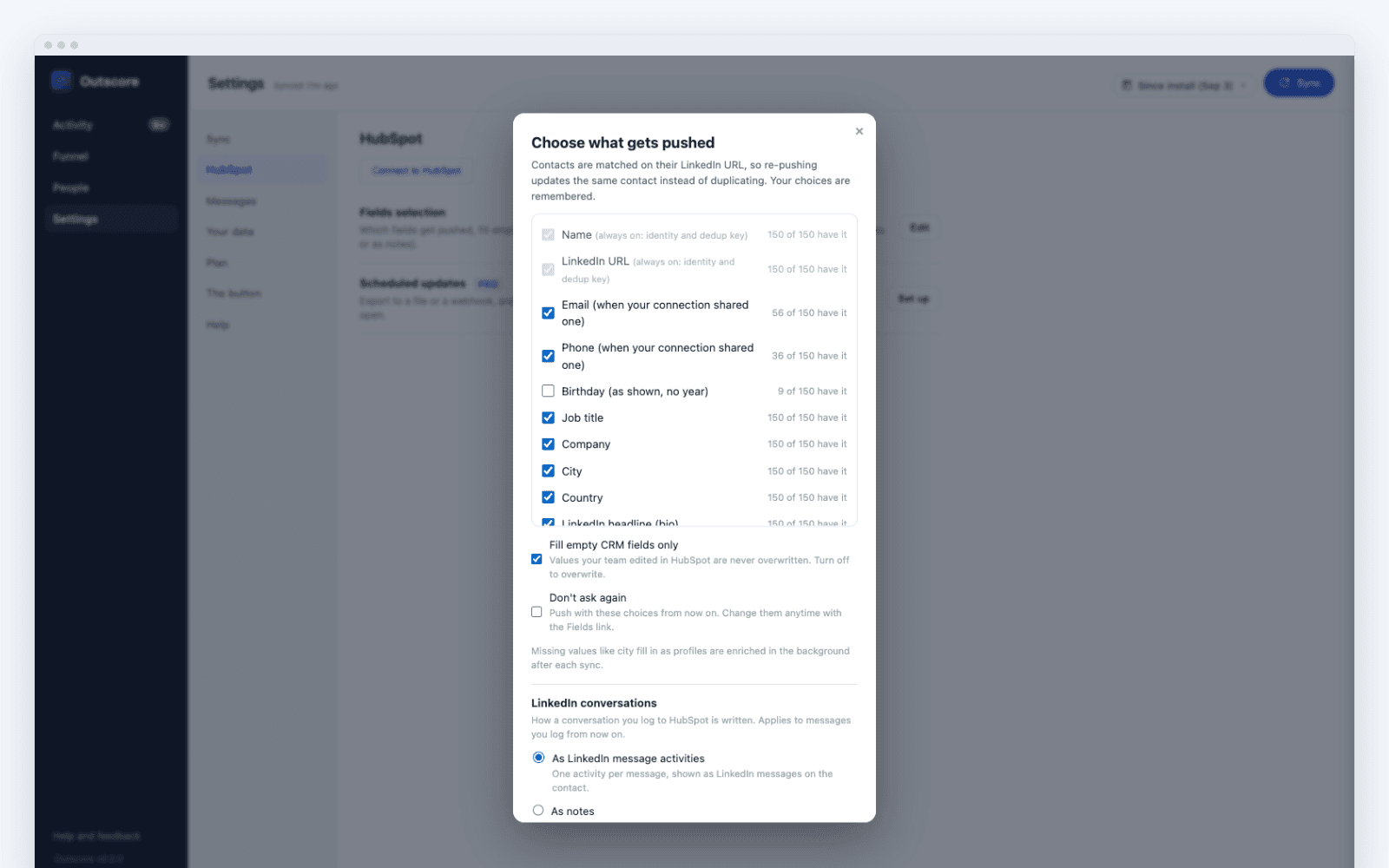 Outscore field picker choosing exactly which fields push to HubSpot