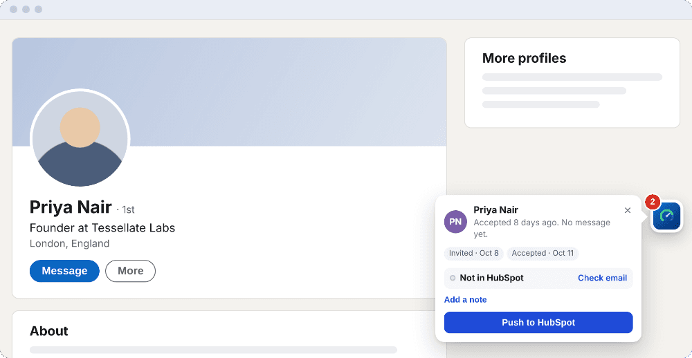 A LinkedIn profile with the Outscore card open: Priya Nair accepted 8 days ago, not in HubSpot yet, and a Push to HubSpot button