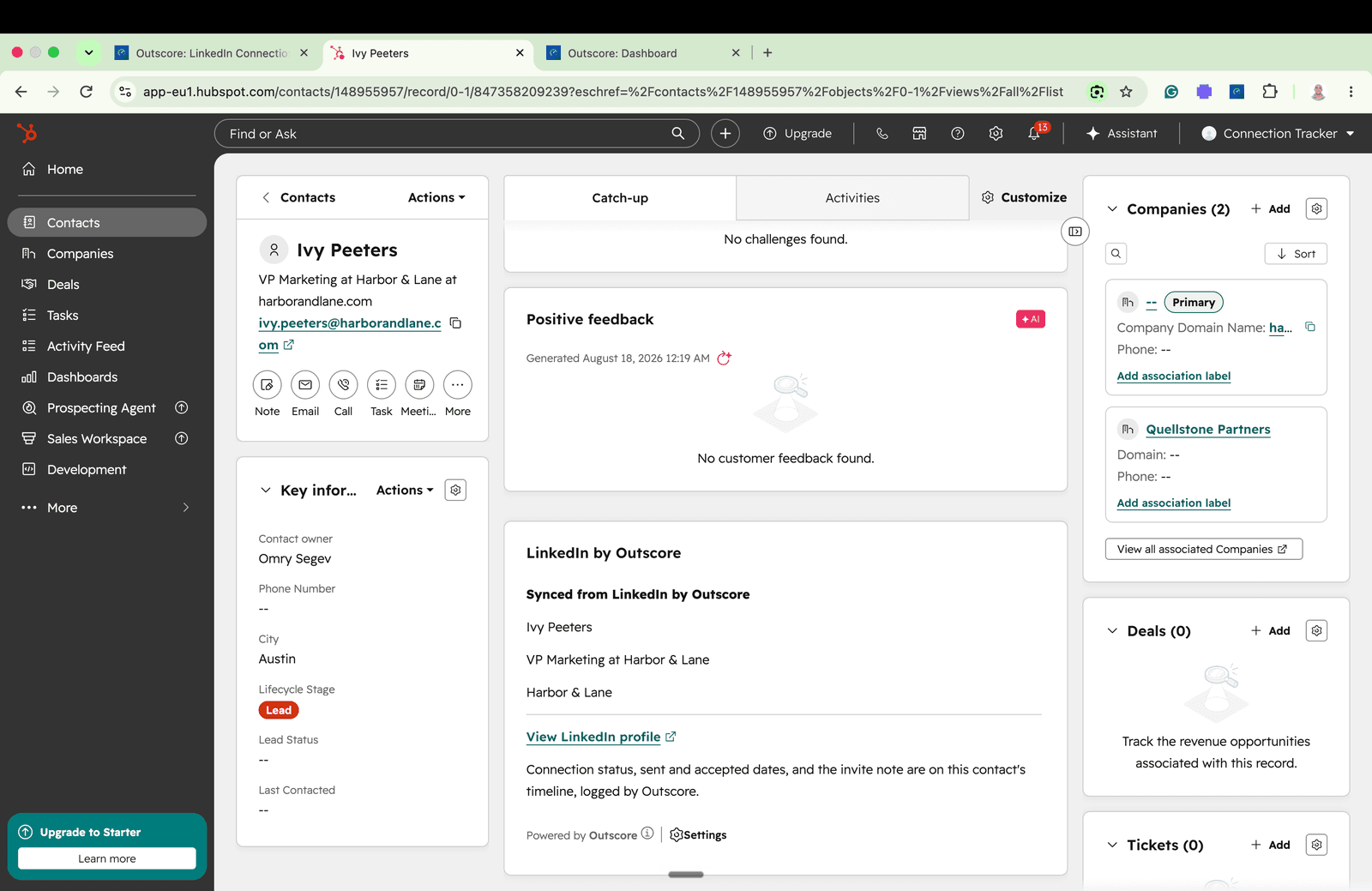 A HubSpot contact record showing LinkedIn context from Outscore