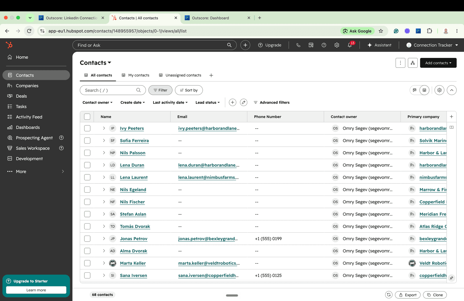 HubSpot contacts list populated with LinkedIn connections pushed from Outscore