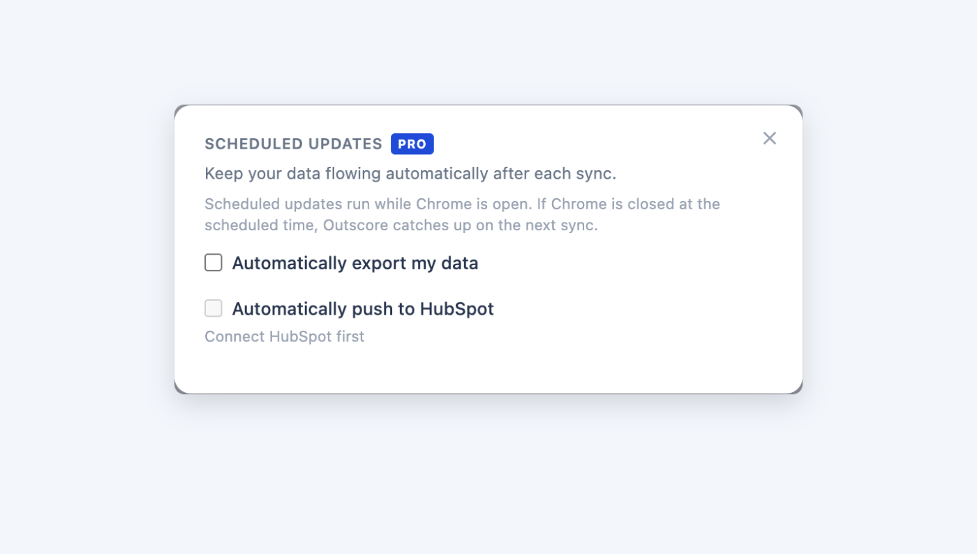 Outscore Scheduled updates settings with automatic export and automatic HubSpot push