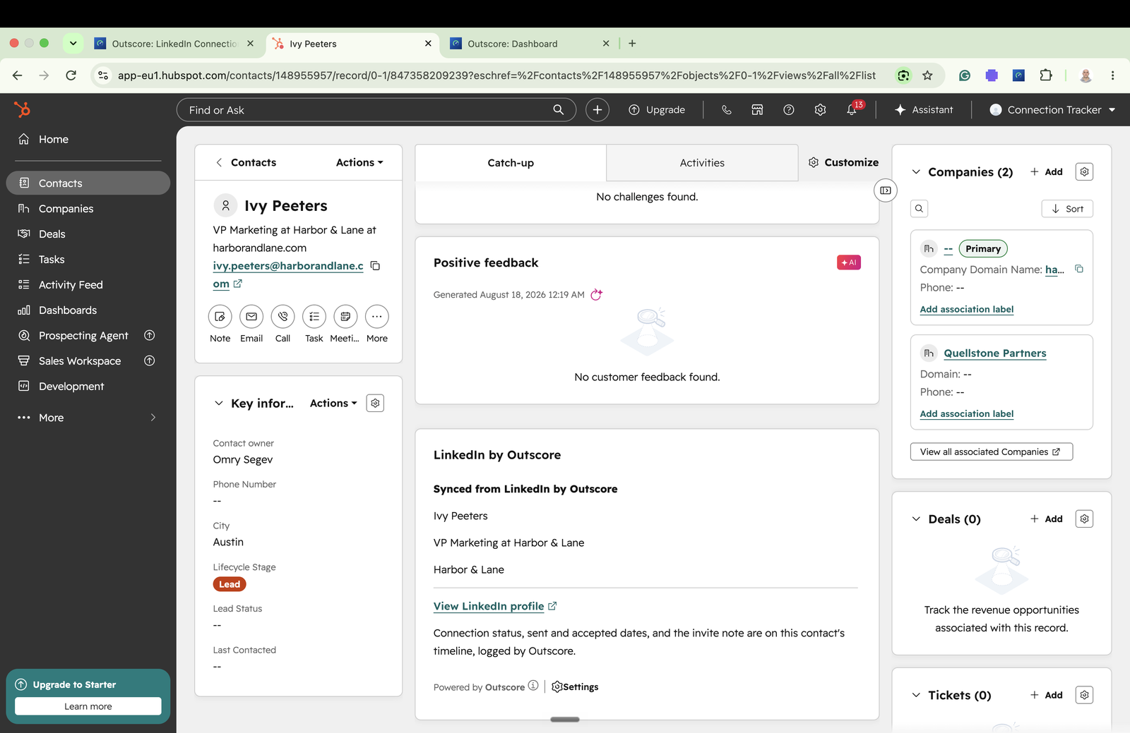 A HubSpot contact record showing the Outscore card with LinkedIn connection context