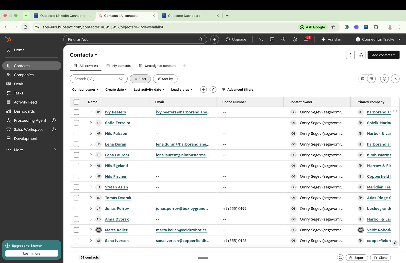 A HubSpot contact created from a LinkedIn connection, with company, title, LinkedIn URL, connected date, owner, and a timeline note