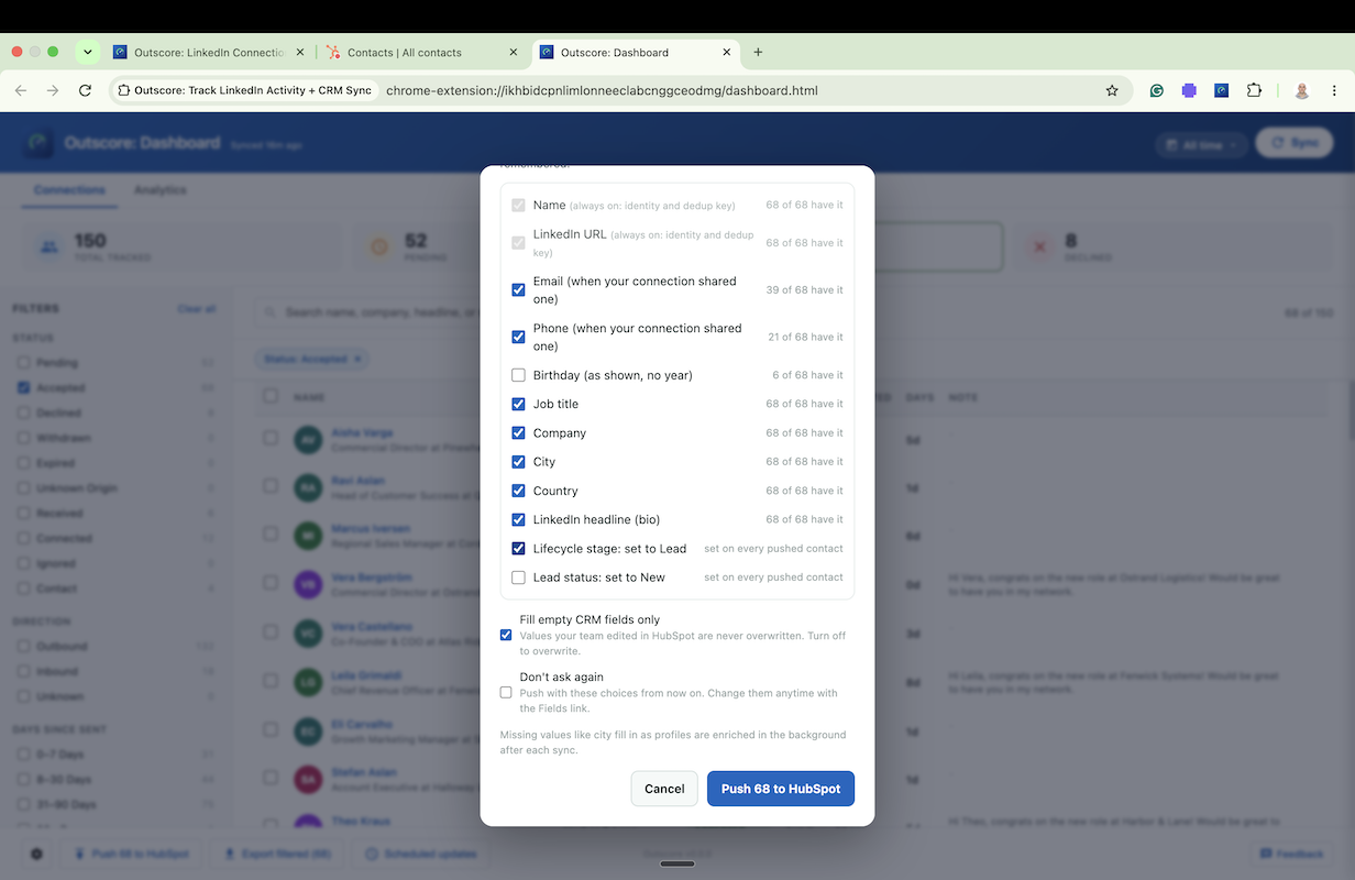 Flow diagram: LinkedIn connections tracked by Outscore, then pushed to HubSpot, Salesforce, or CSV
