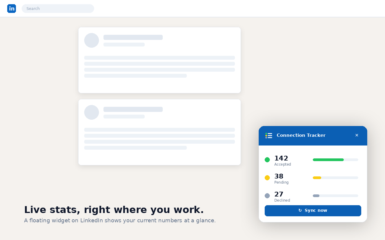 Floating Connection Tracker widget on LinkedIn showing live pending, accepted, and declined invitation counts